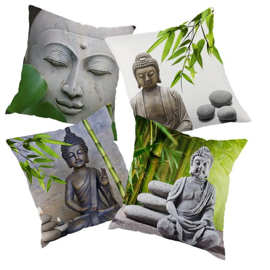 Buddha Statue Stone Carving Linen  Zen Cushion Covers by OCEUMACO Pack of 4